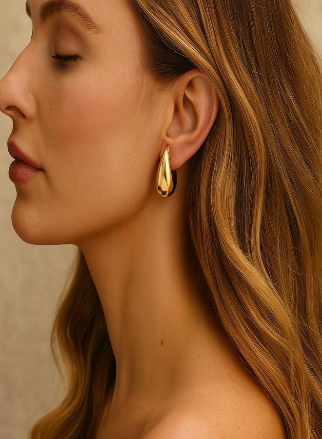 ZENCHEER 14K Gold Clip On Earrings Women,Teardrop Chunky Detachable Hoop Clip-On Earrings for Non Pierced Ears Hypoallergenic Lightweight Earring Clips (Gold) - Image 2